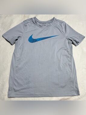 Nike Light Gray Short Sleeve Tee with Blue Swoosh Logo